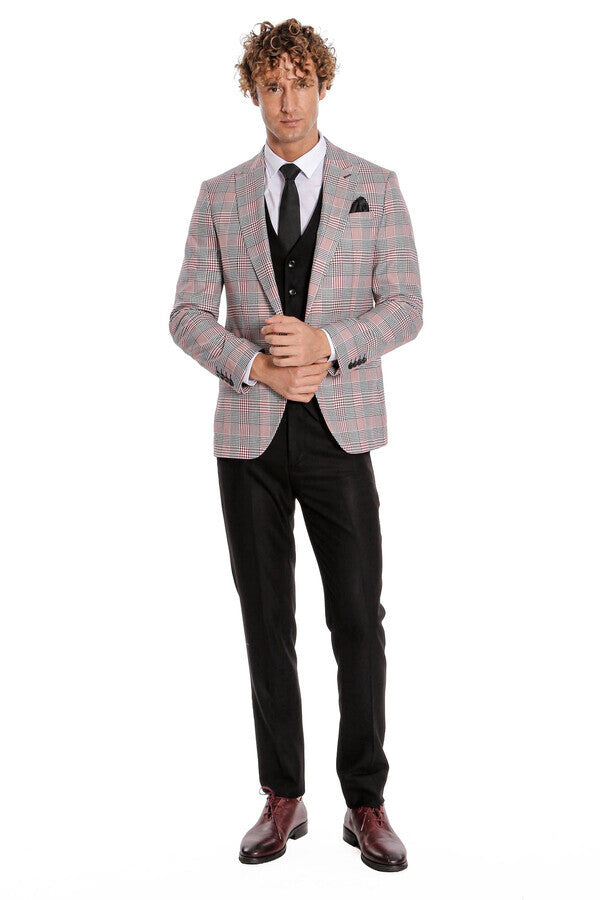 WSS Checked Slim Fit Burgundy Men Suit  - Clovis