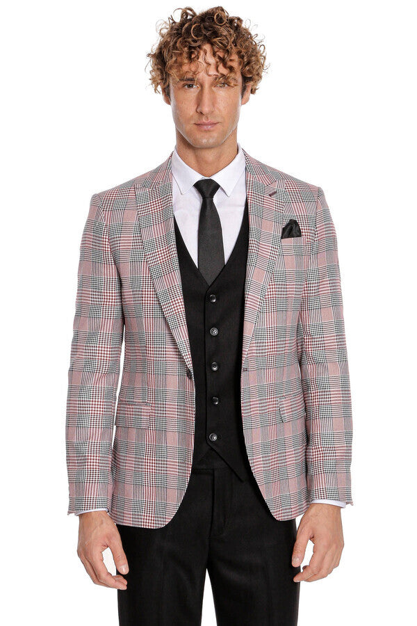WSS Checked Slim Fit Burgundy Men Suit  - Clovis
