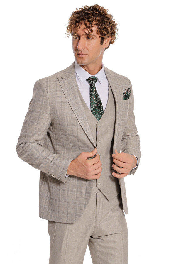 WSS Checked Slim Fit Cream Men Suit  - North Lauderdale