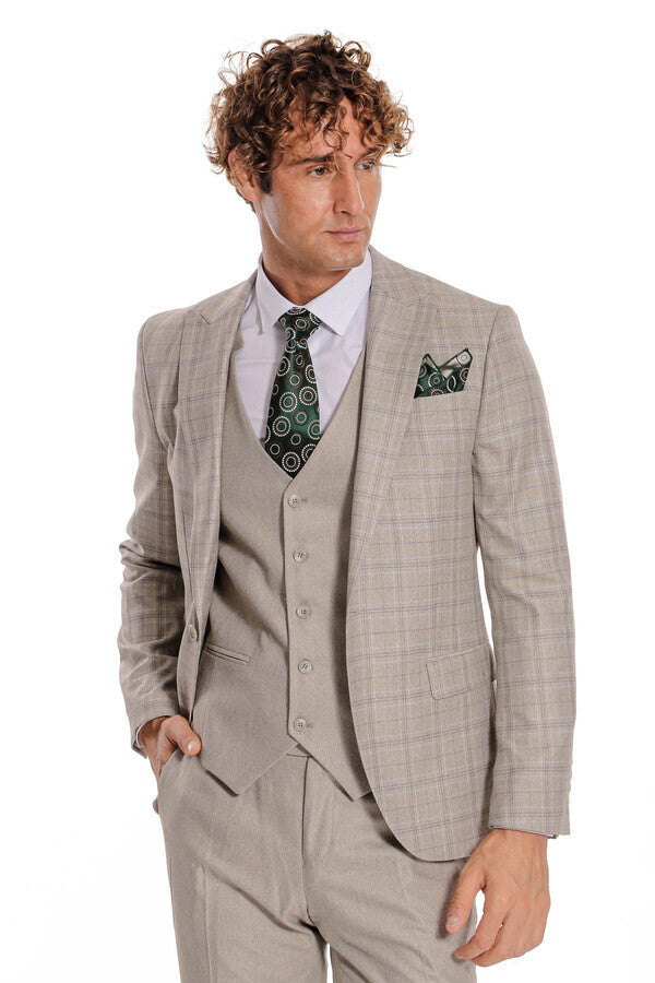 WSS Checked Slim Fit Cream Men Suit  - North Lauderdale