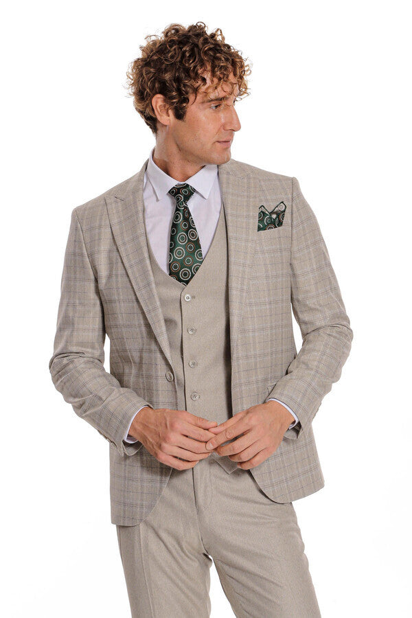 WSS Checked Slim Fit Cream Men Suit  - North Lauderdale