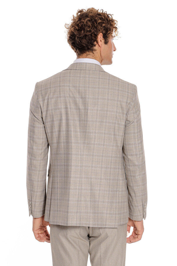 WSS Checked Slim Fit Cream Men Suit  - North Lauderdale