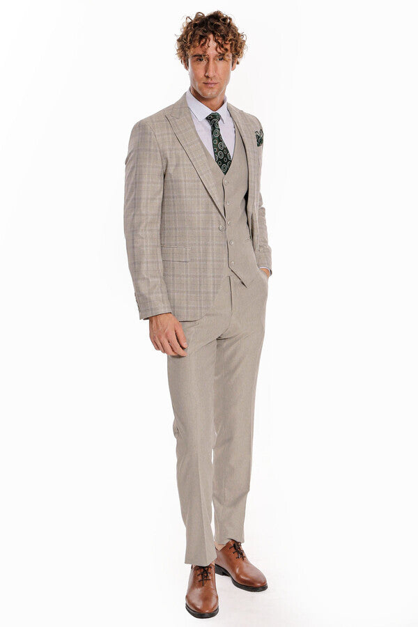 WSS Checked Slim Fit Cream Men Suit  - North Lauderdale
