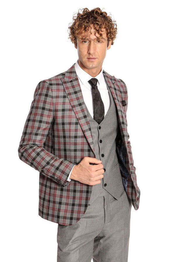 WSS Checked Slim Fit Grey Men Suit  - Everett