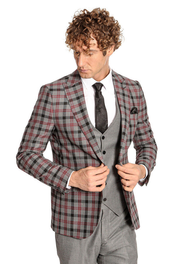 WSS Checked Slim Fit Grey Men Suit  - Everett