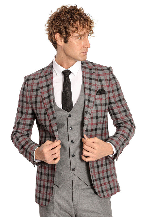 WSS Checked Slim Fit Grey Men Suit  - Everett
