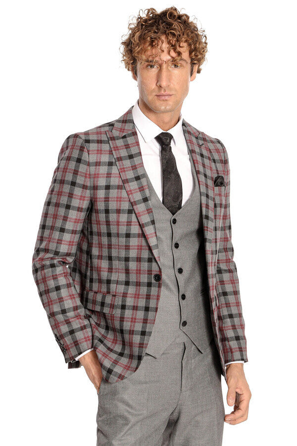 WSS Checked Slim Fit Grey Men Suit  - Everett