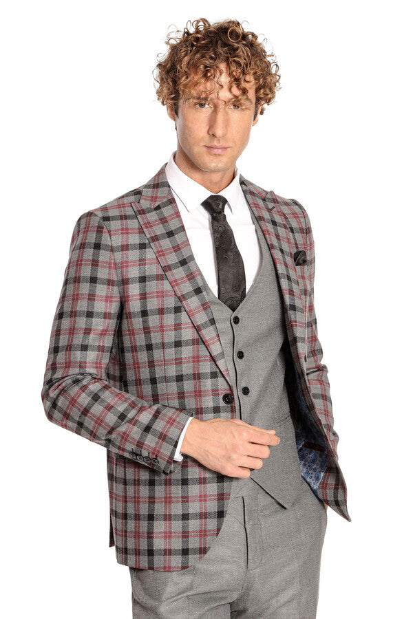 WSS Checked Slim Fit Grey Men Suit  - Everett