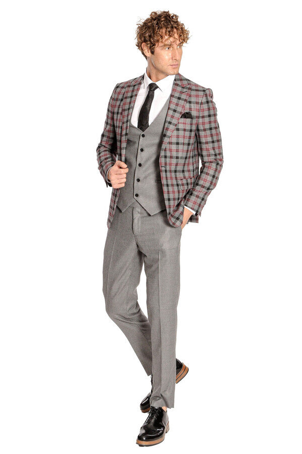 WSS Checked Slim Fit Grey Men Suit  - Everett