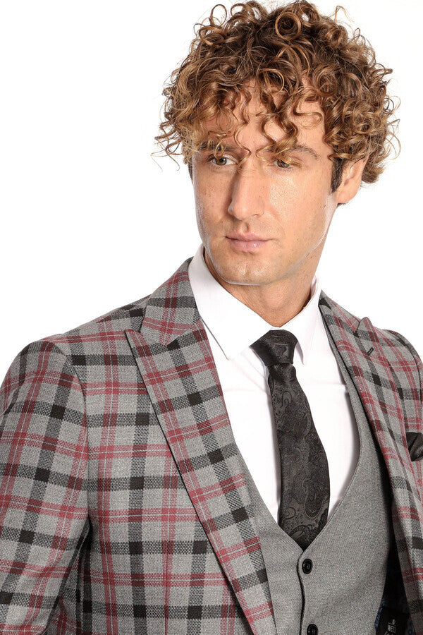 WSS Checked Slim Fit Grey Men Suit  - Everett