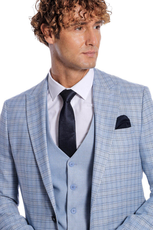 WSS Checked Slim Fit Light Blue Men Suit  - Macclesfield