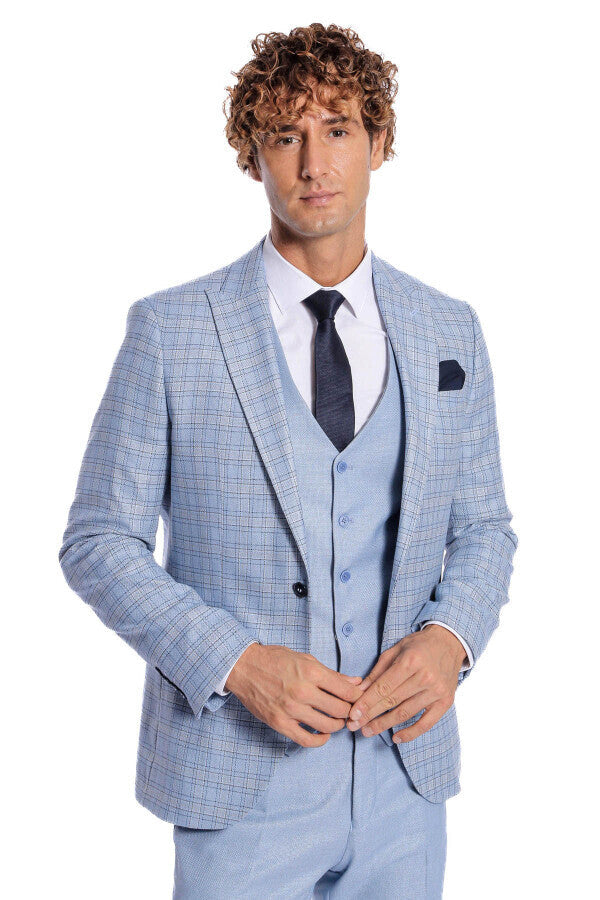 WSS Checked Slim Fit Light Blue Men Suit  - Macclesfield