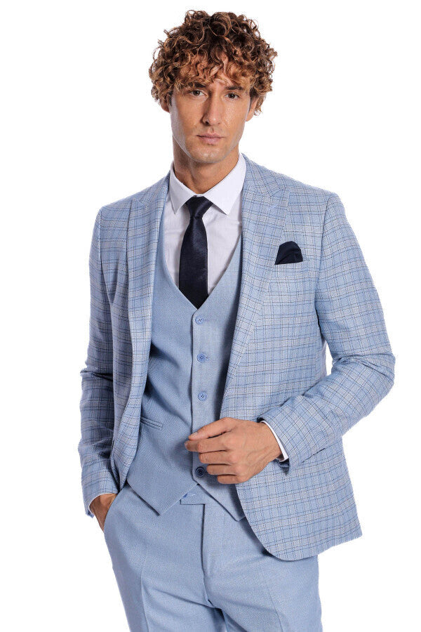 WSS Checked Slim Fit Light Blue Men Suit  - Macclesfield