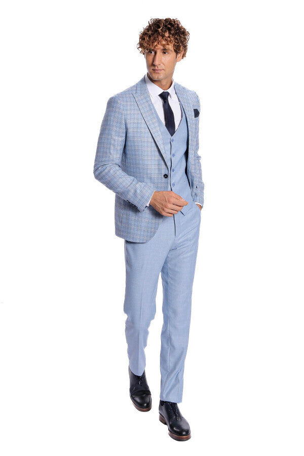 WSS Checked Slim Fit Light Blue Men Suit  - Macclesfield
