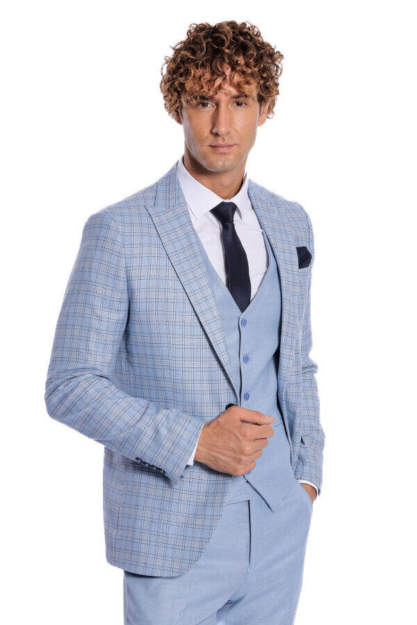 WSS Checked Slim Fit Light Blue Men Suit  - Macclesfield