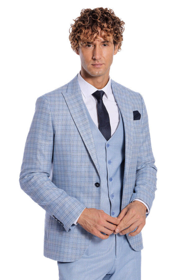 WSS Checked Slim Fit Light Blue Men Suit  - Macclesfield