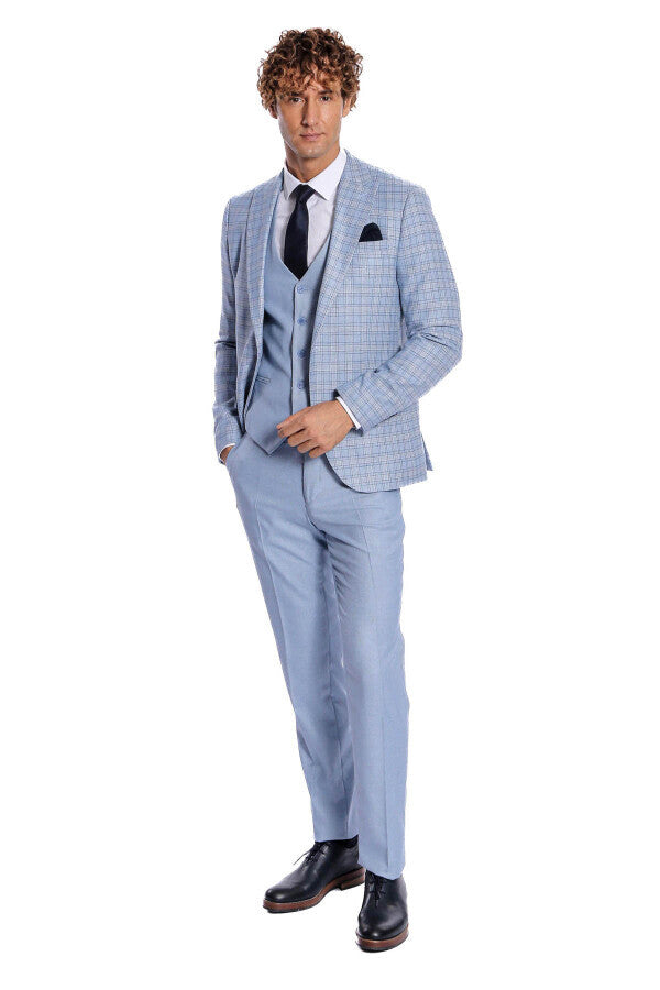 WSS Checked Slim Fit Light Blue Men Suit  - Macclesfield