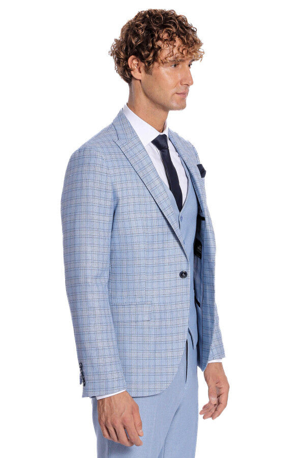 WSS Checked Slim Fit Light Blue Men Suit  - Macclesfield