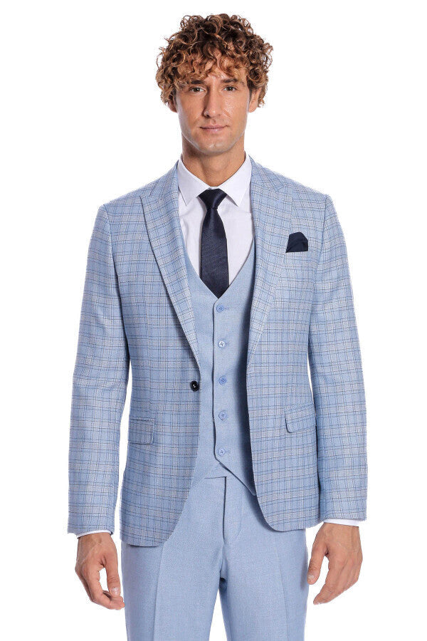 WSS Checked Slim Fit Light Blue Men Suit  - Macclesfield
