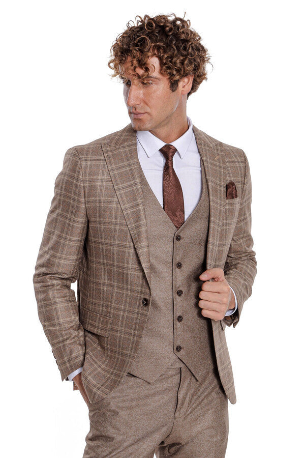 WSS Checked Slim Fit Light Brown Men Suit  - Aachen