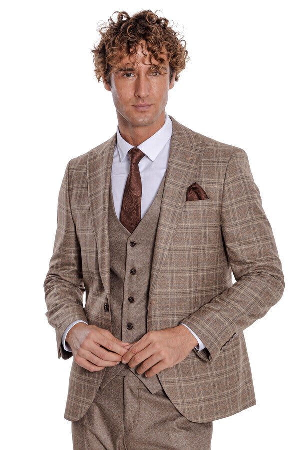 WSS Checked Slim Fit Light Brown Men Suit  - Aachen
