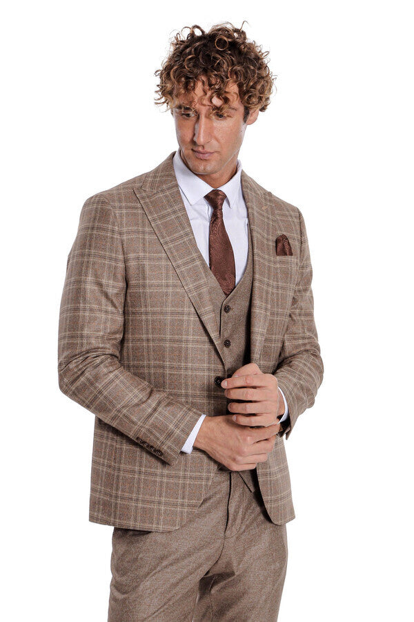 WSS Checked Slim Fit Light Brown Men Suit  - Aachen