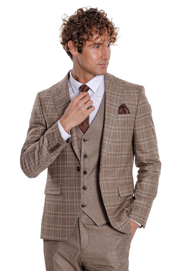WSS Checked Slim Fit Light Brown Men Suit  - Aachen