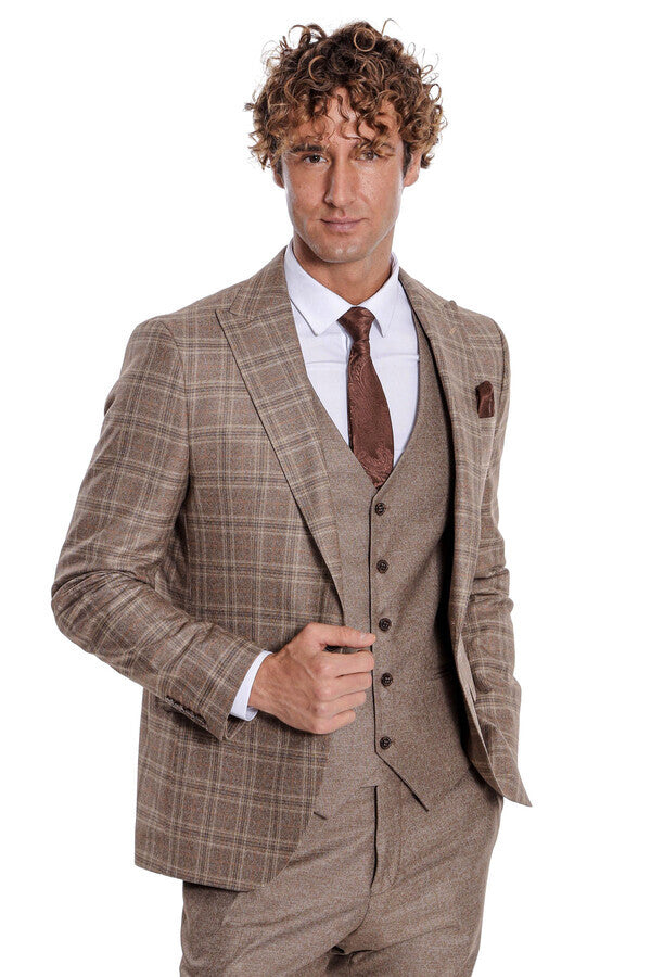 WSS Checked Slim Fit Light Brown Men Suit  - Aachen