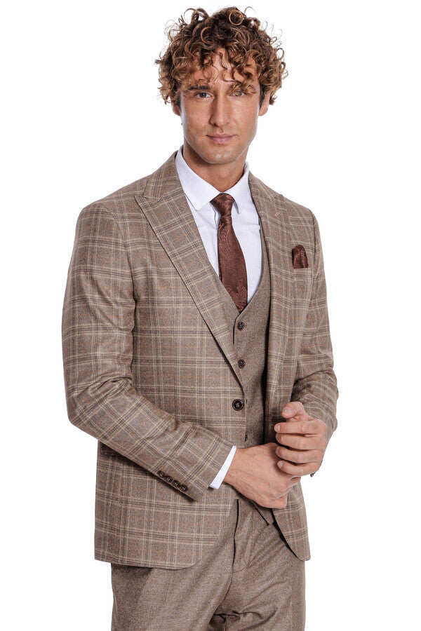 WSS Checked Slim Fit Light Brown Men Suit  - Aachen