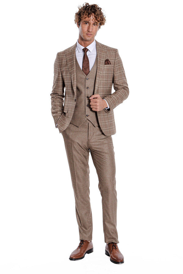 WSS Checked Slim Fit Light Brown Men Suit  - Aachen