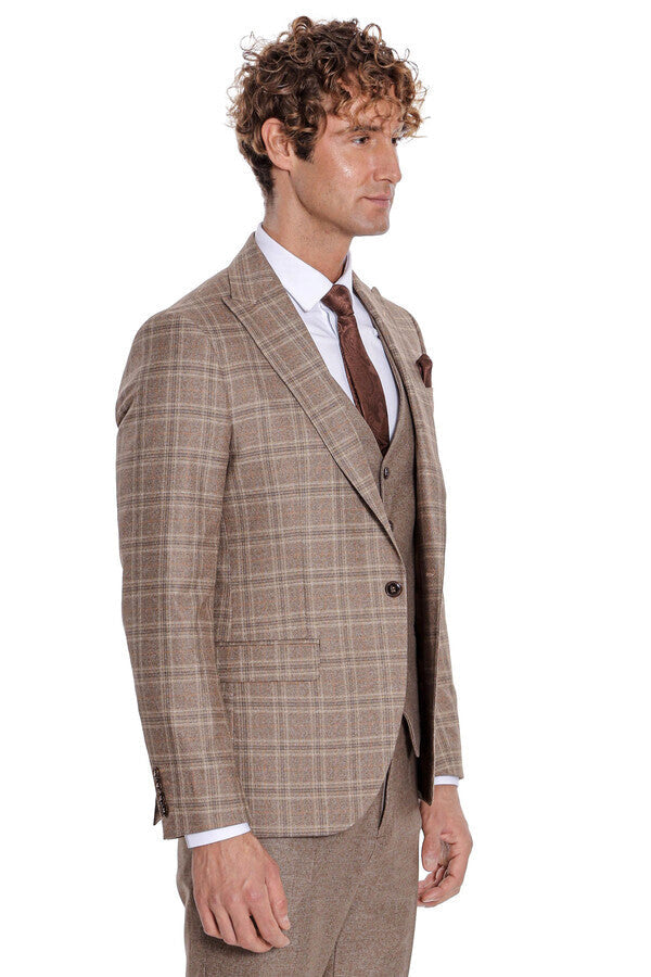 WSS Checked Slim Fit Light Brown Men Suit  - Aachen