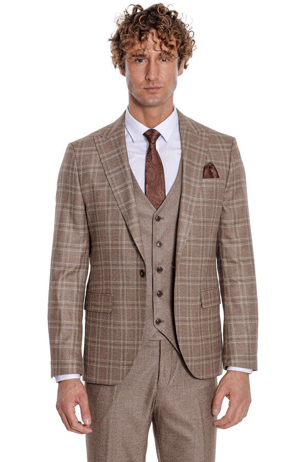 WSS Checked Slim Fit Light Brown Men Suit  - Aachen