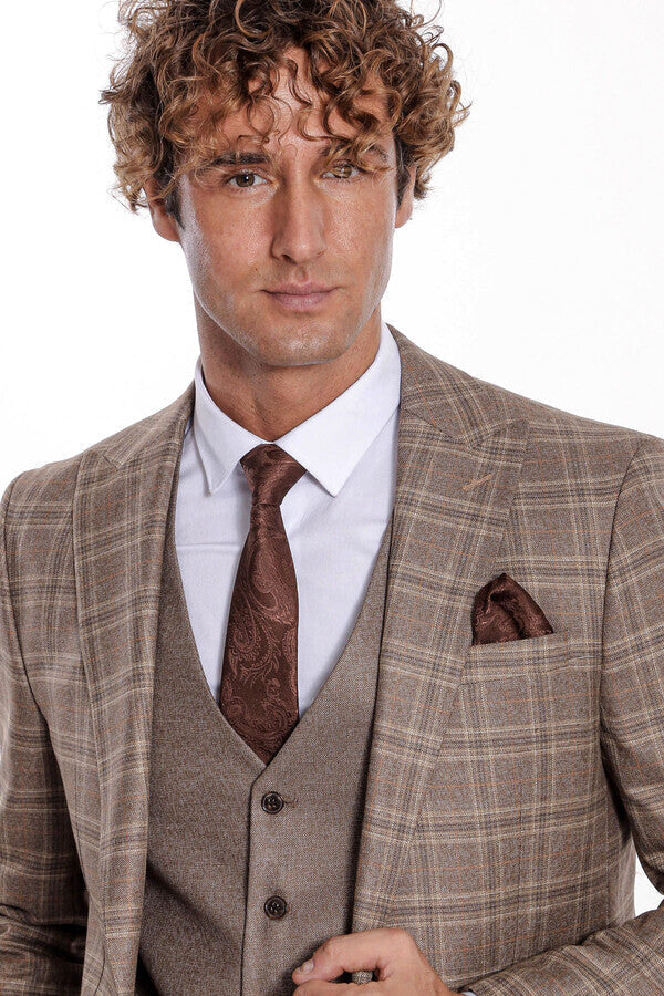 WSS Checked Slim Fit Light Brown Men Suit  - Aachen
