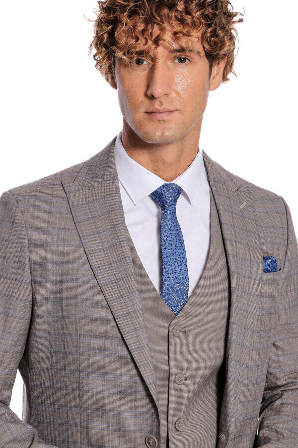 WSS Checked Slim Fit Light Brown Men Suit  - Cuetzalan