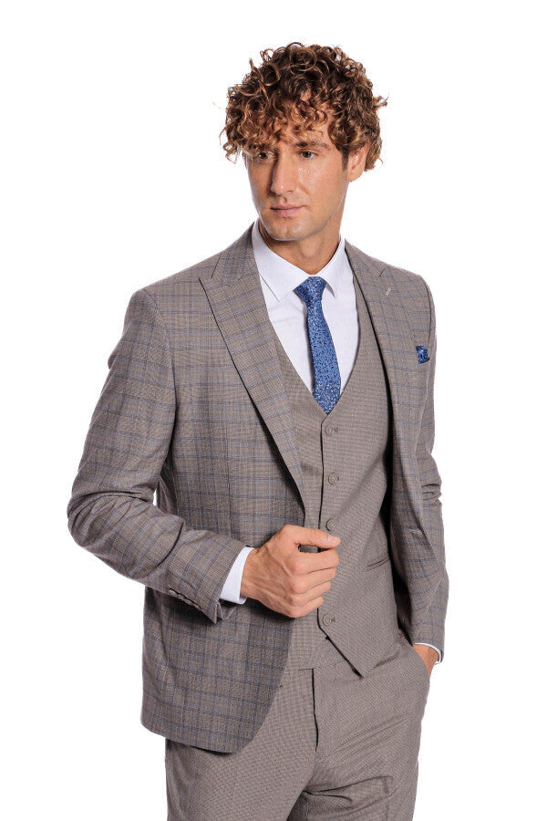 WSS Checked Slim Fit Light Brown Men Suit  - Cuetzalan