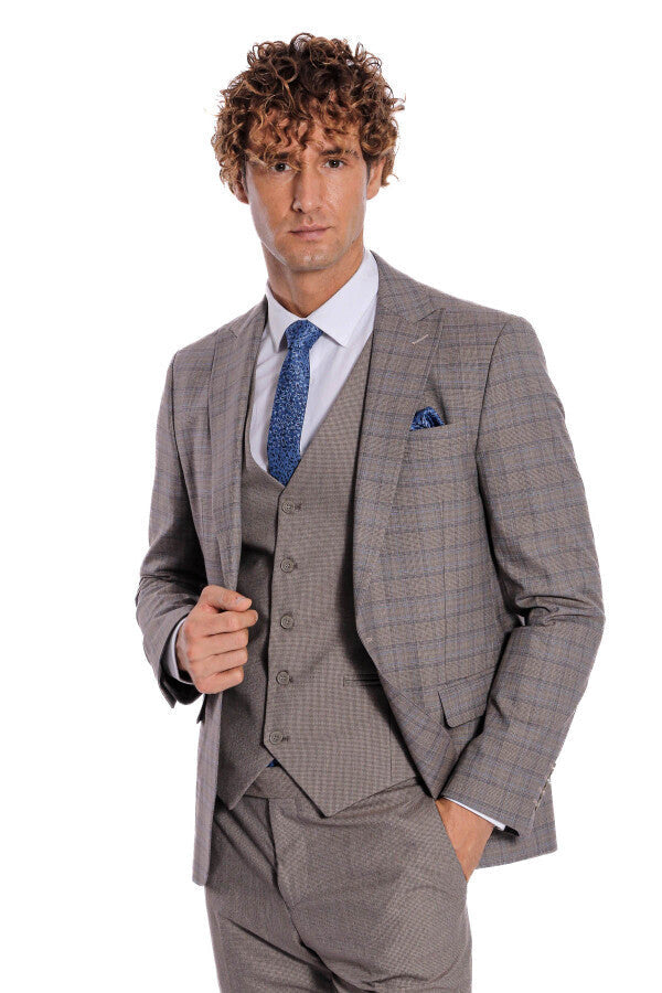 WSS Checked Slim Fit Light Brown Men Suit  - Cuetzalan