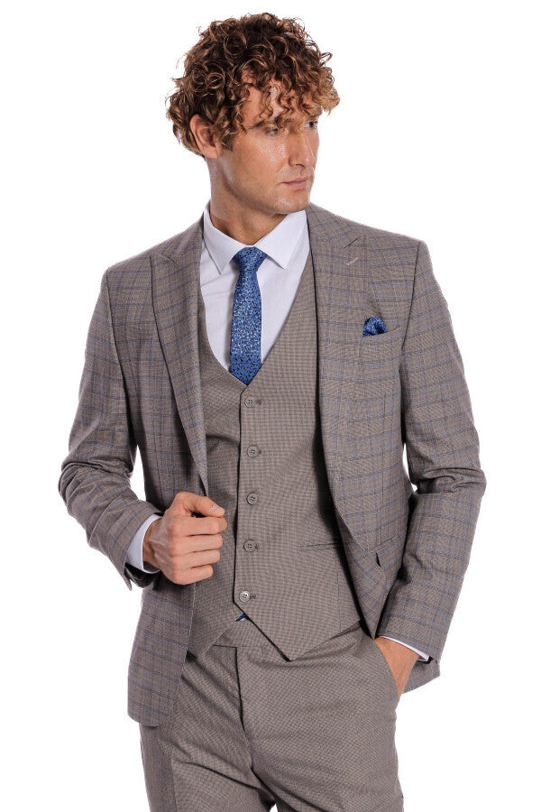 WSS Checked Slim Fit Light Brown Men Suit  - Cuetzalan
