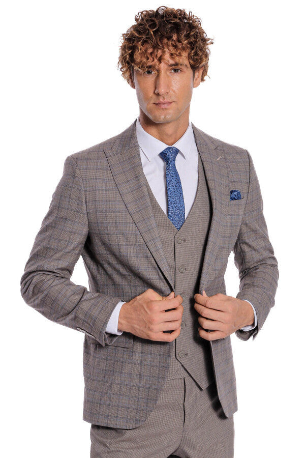 WSS Checked Slim Fit Light Brown Men Suit  - Cuetzalan