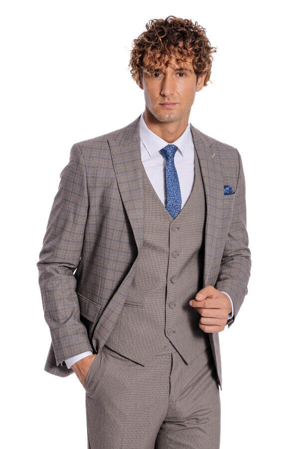 WSS Checked Slim Fit Light Brown Men Suit  - Cuetzalan