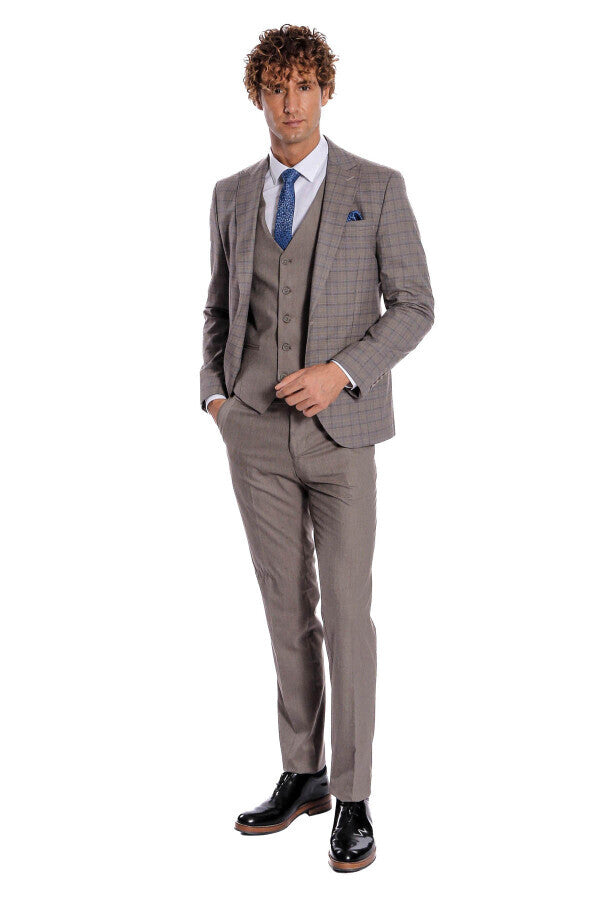 WSS Checked Slim Fit Light Brown Men Suit  - Cuetzalan