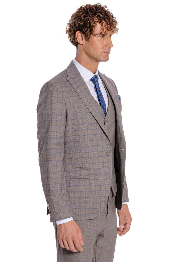 WSS Checked Slim Fit Light Brown Men Suit  - Cuetzalan