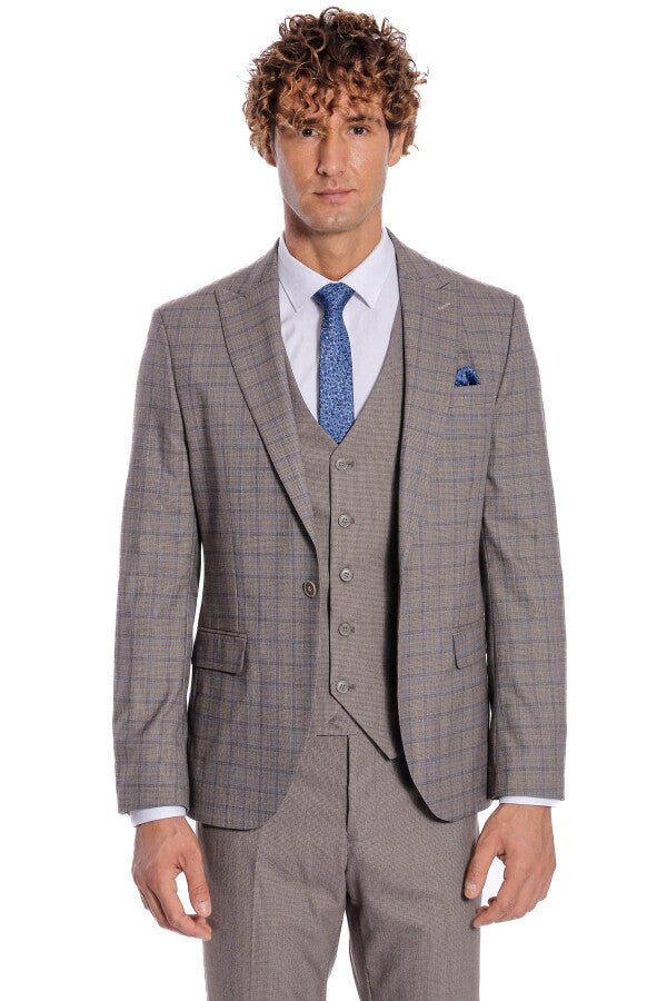 WSS Checked Slim Fit Light Brown Men Suit  - Cuetzalan