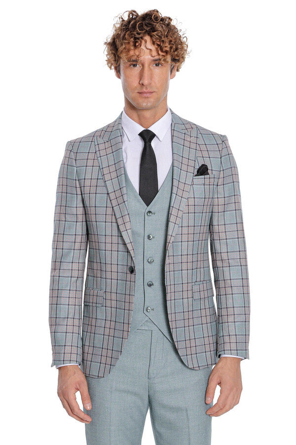 WSS Checked Slim Fit Light Green Men Suit  - Stevenage