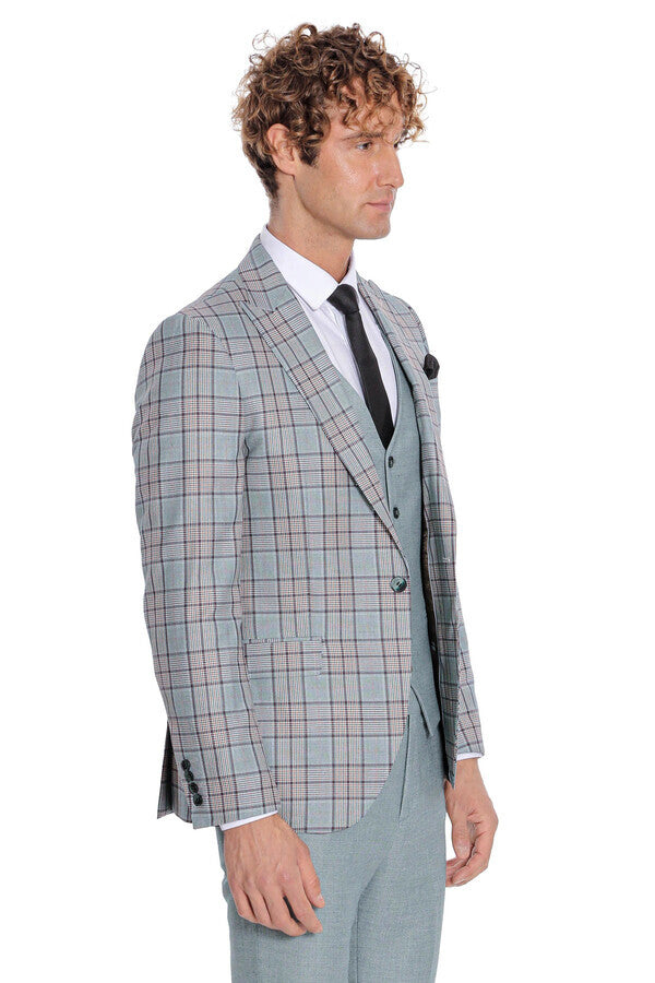 WSS Checked Slim Fit Light Green Men Suit  - Stevenage