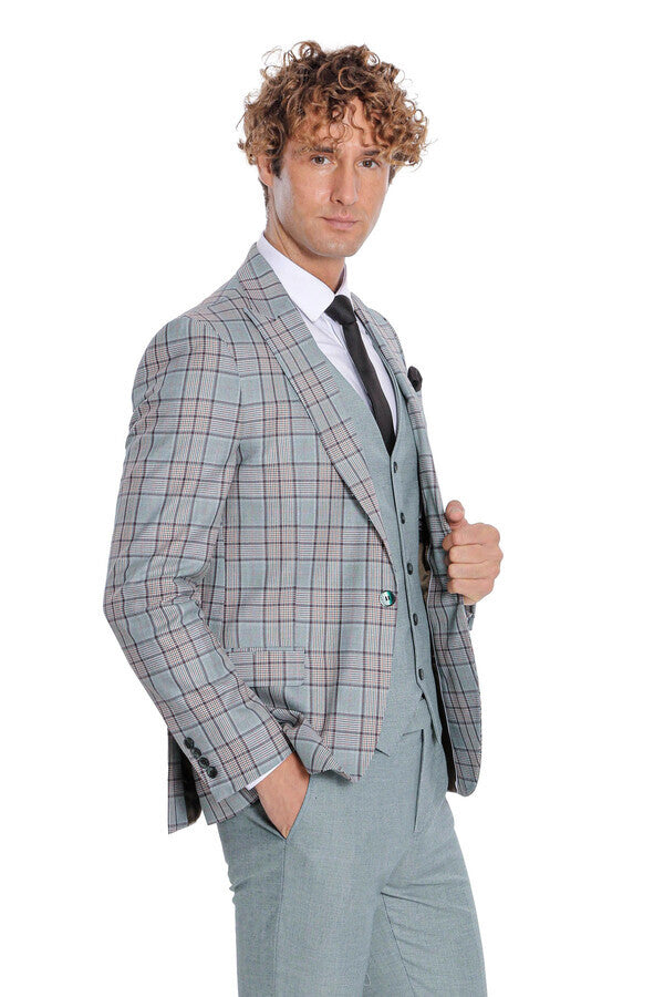 WSS Checked Slim Fit Light Green Men Suit  - Stevenage