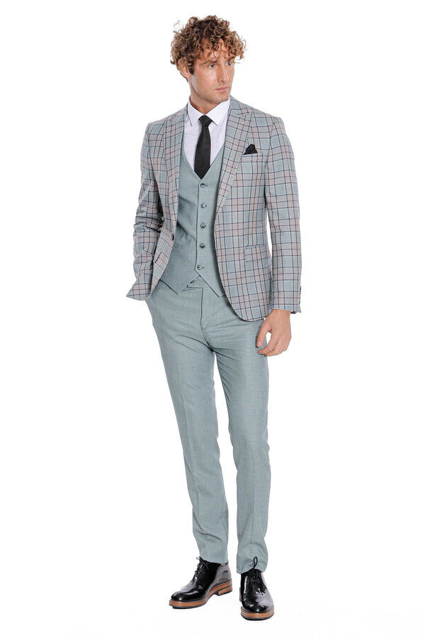 WSS Checked Slim Fit Light Green Men Suit  - Stevenage