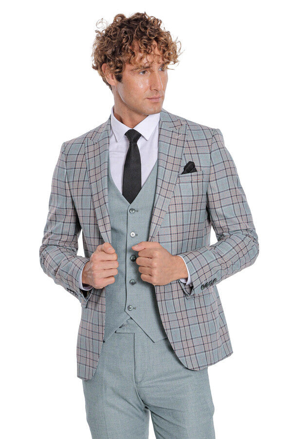 WSS Checked Slim Fit Light Green Men Suit  - Stevenage