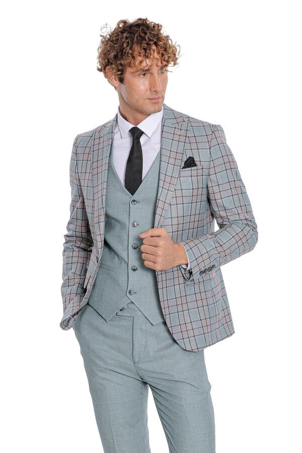 WSS Checked Slim Fit Light Green Men Suit  - Stevenage