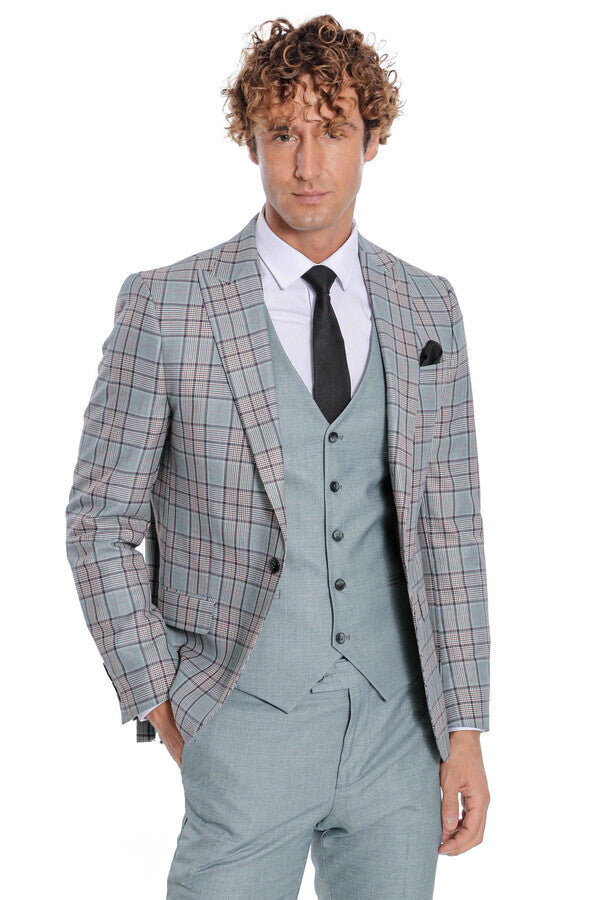WSS Checked Slim Fit Light Green Men Suit  - Stevenage