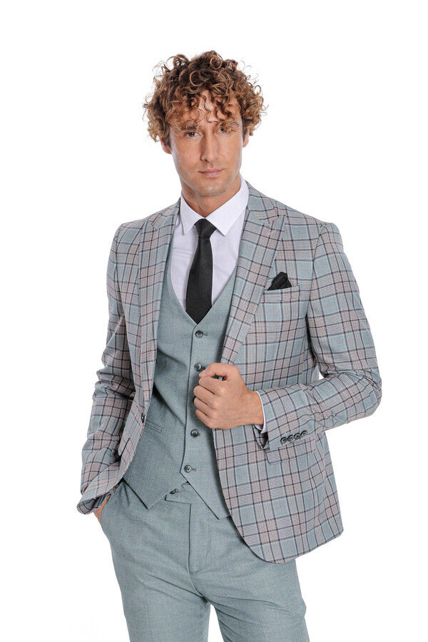 WSS Checked Slim Fit Light Green Men Suit  - Stevenage